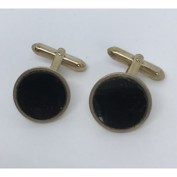 Vintage Signed Swank Goldtone and Black Leverback Cufflinks - Picture 2 of 4